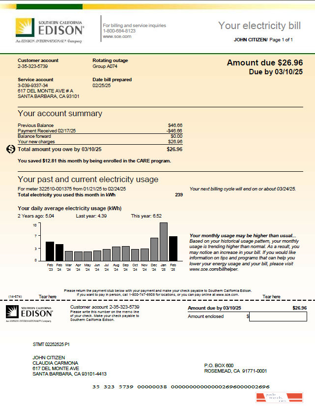 USA Southern California Edison utility bill template in Word and PDF formats, version 2